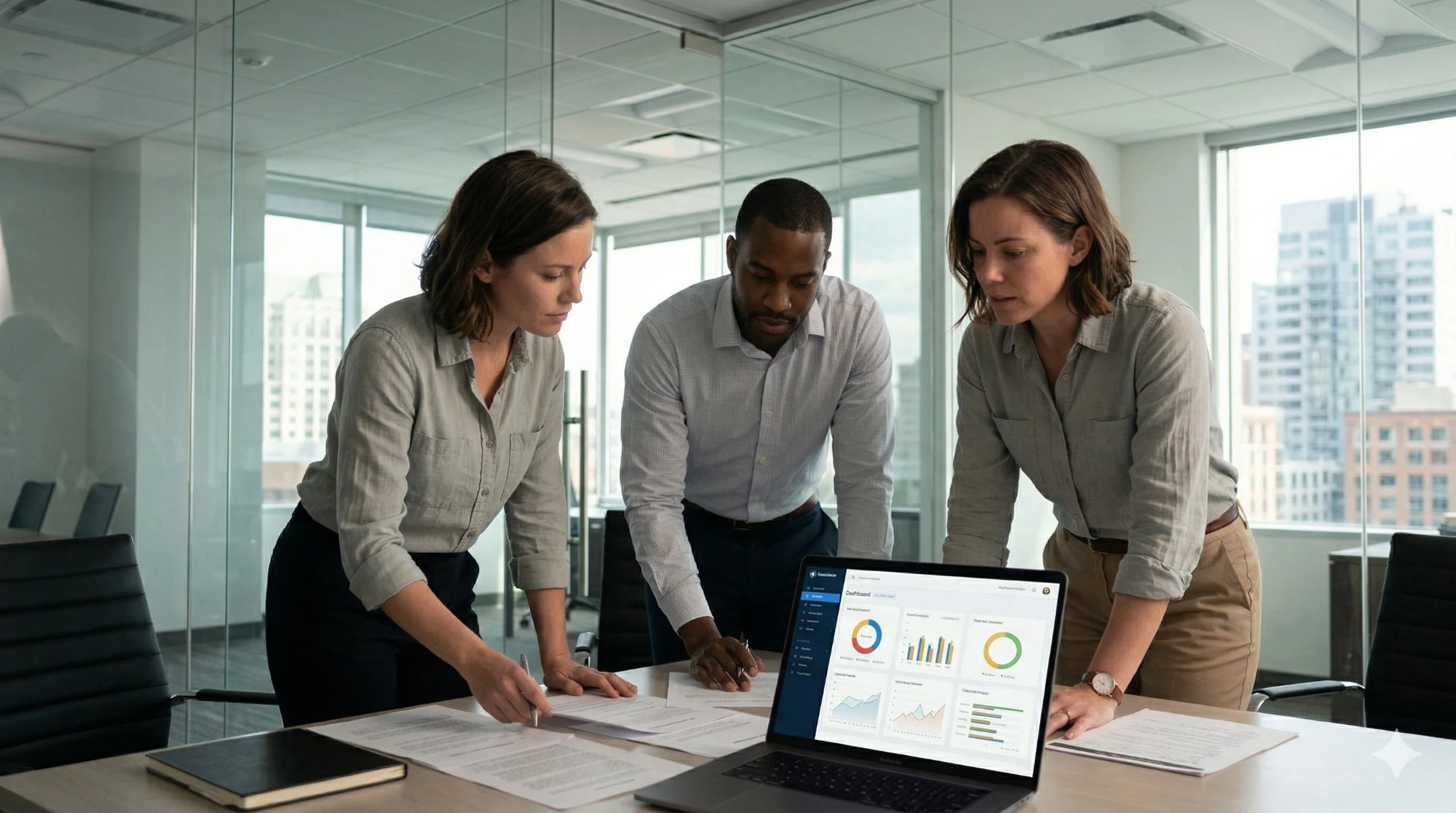 Law firm team reviewing operational metrics together